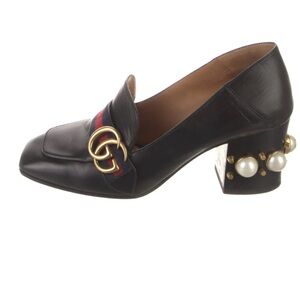 Gucci Women's Black Marmont Loafers with Pearl Accents on the Back of Heels